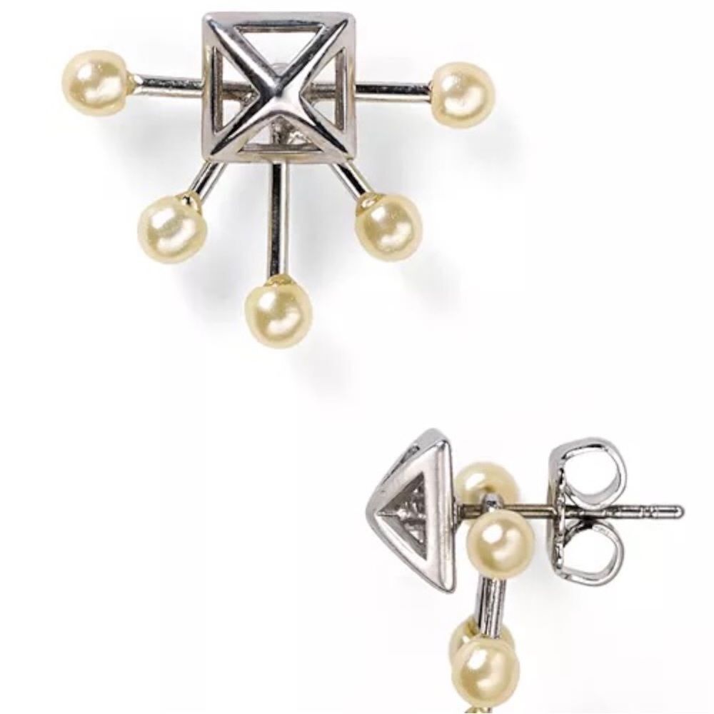 Rebecca Minkoff, rhodium faux pearl pyramid fan stud‎ and jacket earrings NWT